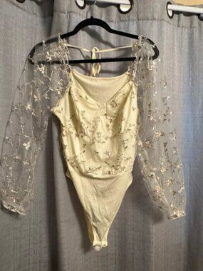 White Floral Embroidery Patchwork Bodysuit Size 12 (0XL)